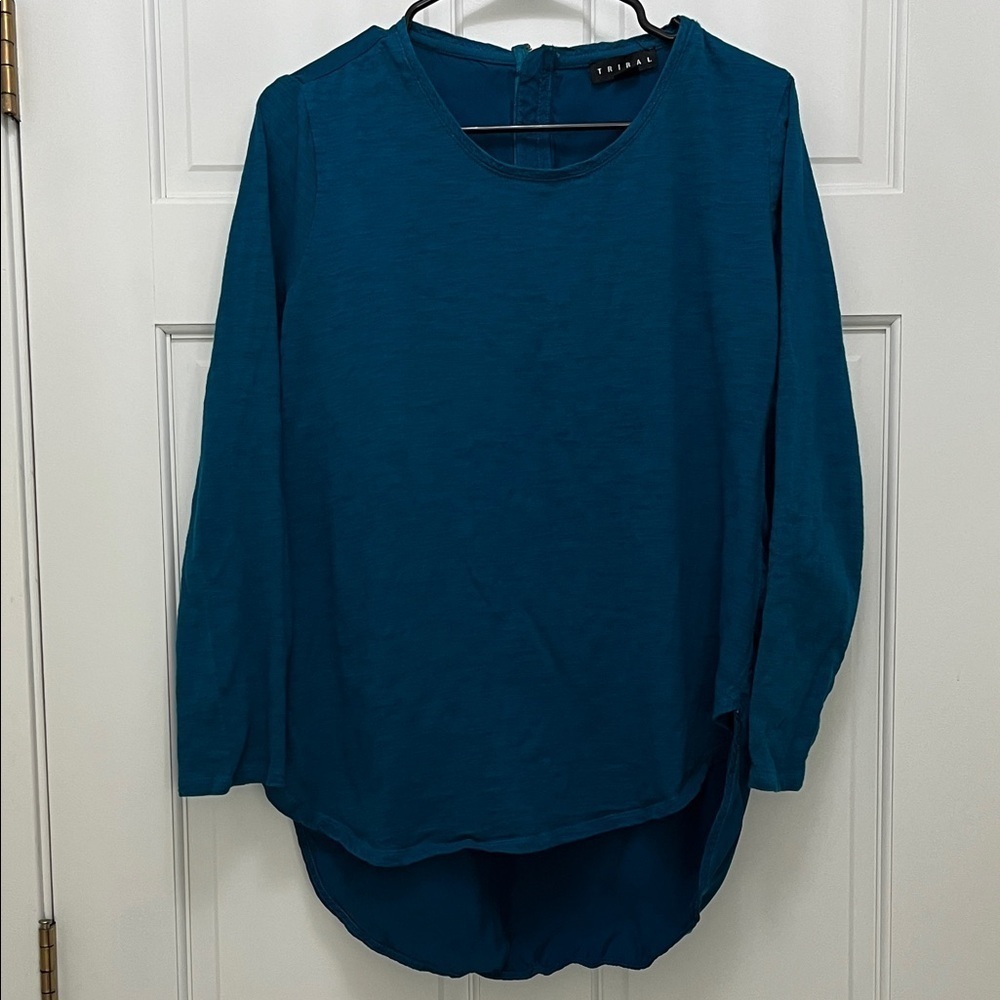 Tribal Teal Cotton Blend Long Sleeve High Low Hem Blouse - Size Medium